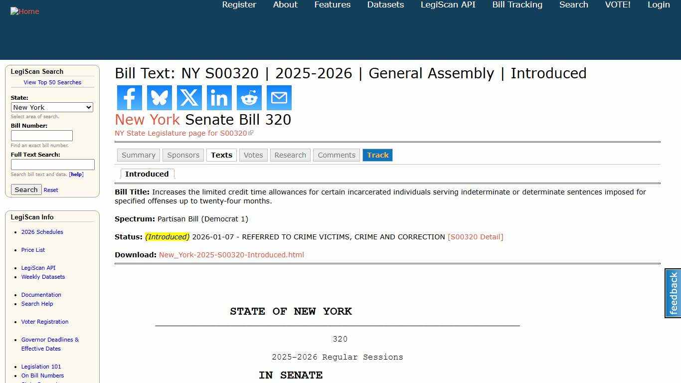 Bill Text: NY S00320 2025-2026 General Assembly Introduced LegiScan